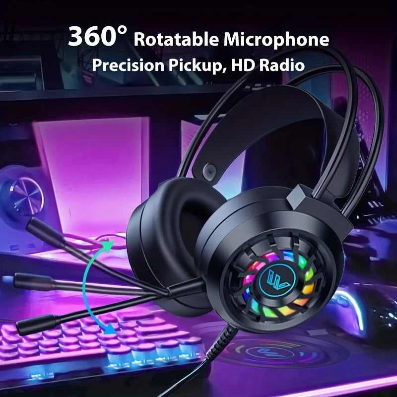 New Wired Gaming Headphones With Microphone LED Light Surround Sound Portable Audio Headphone For Computer Professional Head
