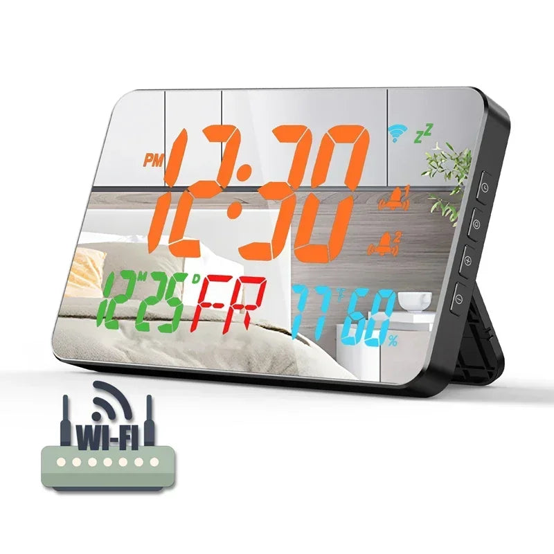 Smart Wifi Digital Wall Clock Temperature Humidity Display 4-Level Brightness Desk Table Electronic LED Alarm Clock Home Decor