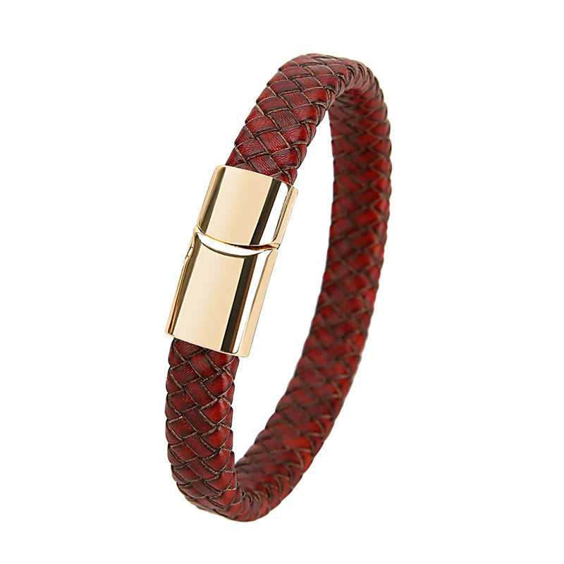 Mibrow Braided Black Leather Men Bracelet 10x5 12x6mm Size Fashion Metal Magnetic Clasp Wrap Bracelets Punk Charm Men Jewelry