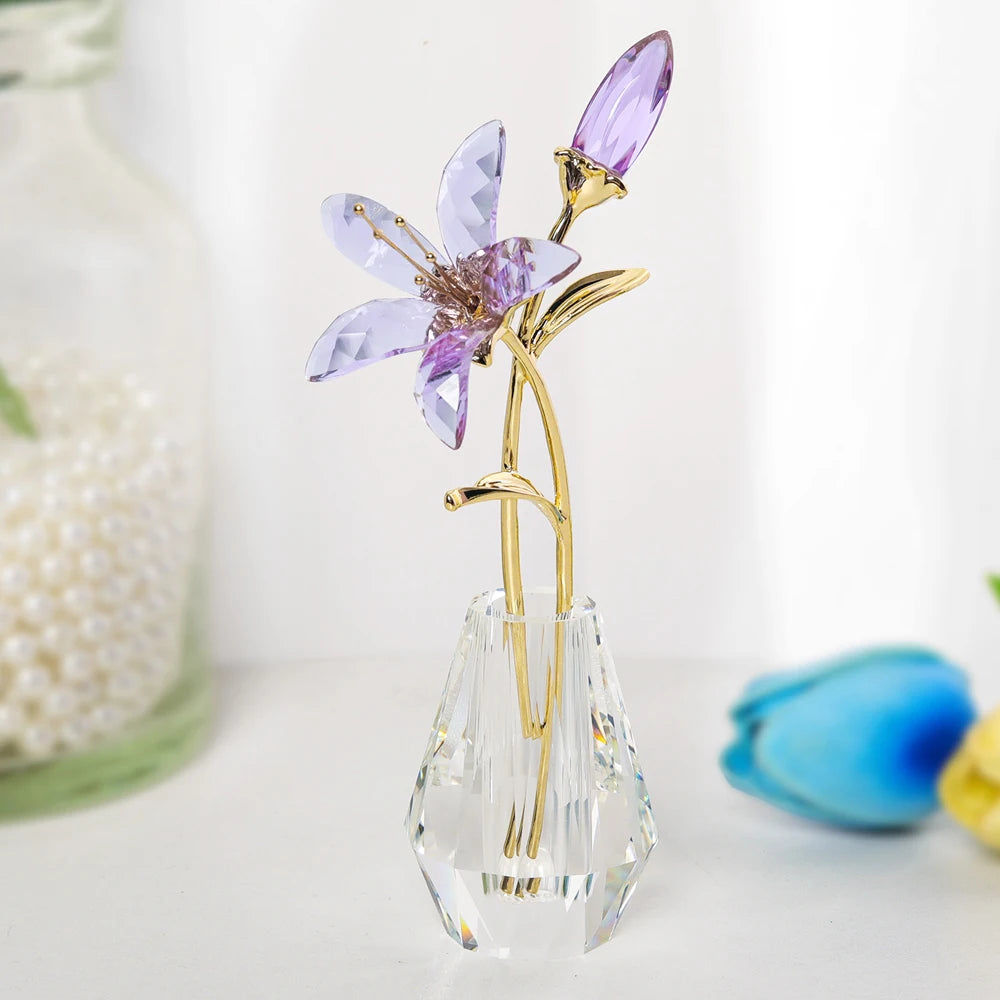 Purple Crystal Calla Lily Flower Figurines Collectible With Crystal Vase Glass Bouquet Ornament Wedding Party Decor Gift