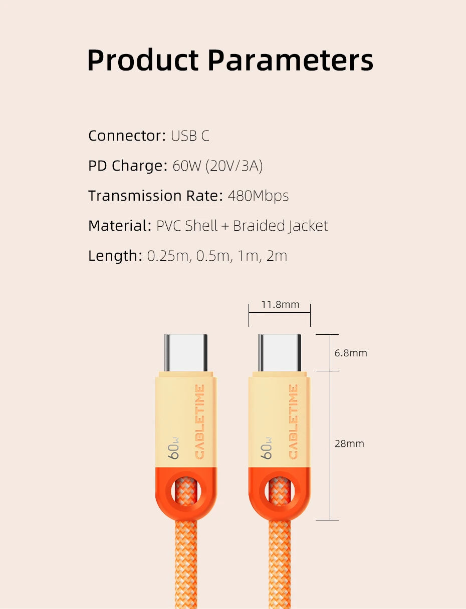 CABLETIME USB C to USB C Cable 60W 480Mbps Fast Charging Cable 3A Braided Type C to Type C Cable for Moble Phone Laptop HUAWEI