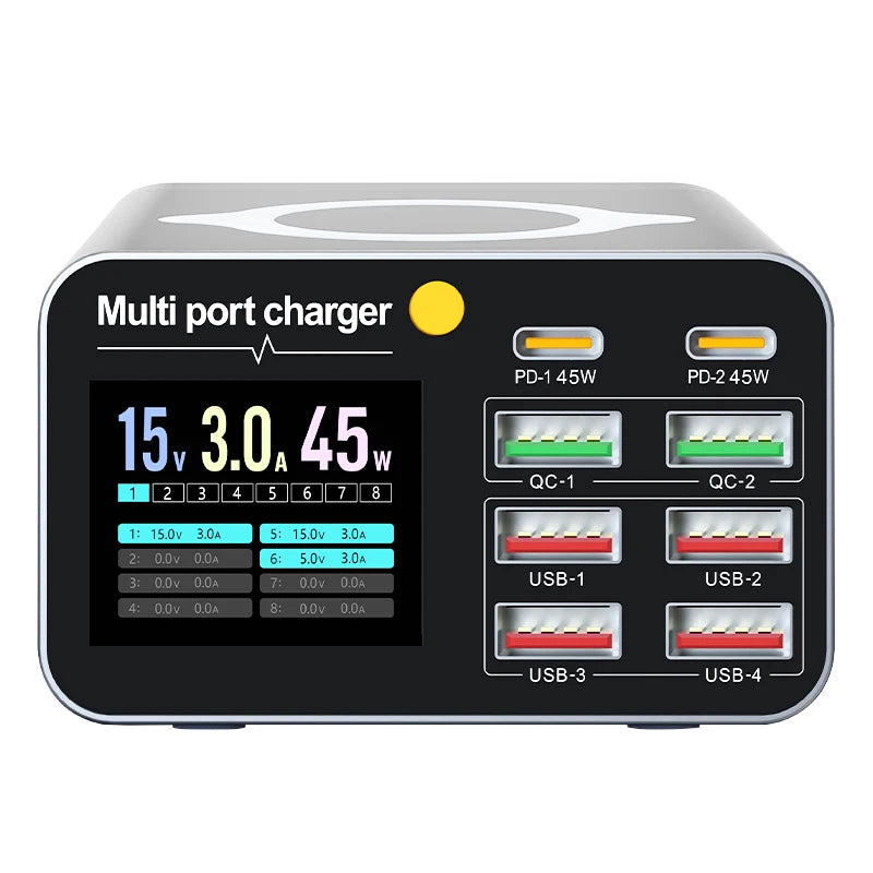 80W/120W 8 Ports Charger station Digital Display USB Type C With Wireless Charger PD QC3.0 Quick Charger For Laptop Tablet Phone