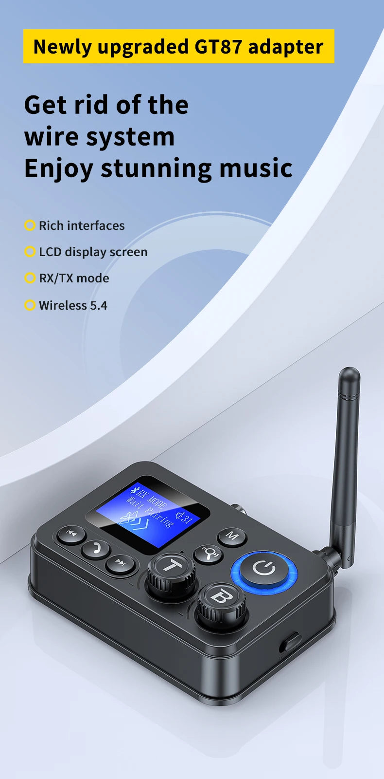 Bluetooth 5.4 Audio Transmitter Receive Support AUX/COAXIAL/SPDIF/TF/U disk with LCD Display for Home Stereo TV Speakers PC