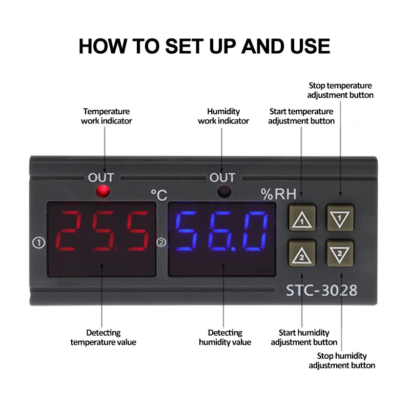 STC-3028 Dual Digital Temperature Humidity Controller 12V 24V 220V Thermoregulator Thermostat for Heating Cooling in Incubator