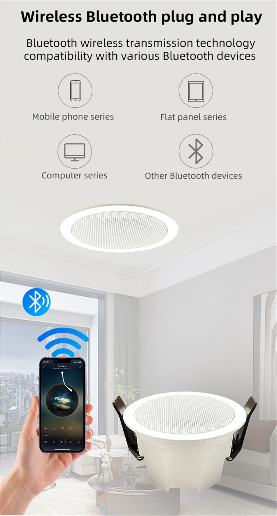 MINI Bluetooths Ceiling Speakers Stereo sound Indoor home audio Background music system For Bathroom Kitchen Living room bedroom