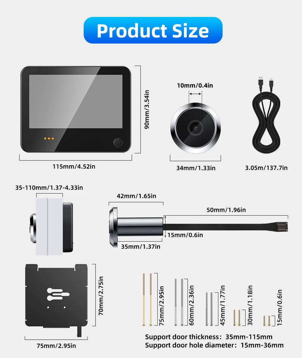 Wifi Smart Tuya Peephole 6000mAh Doorbell Video Intercom Night Vision Door Eye Camera PIR Motion Detection Record Video