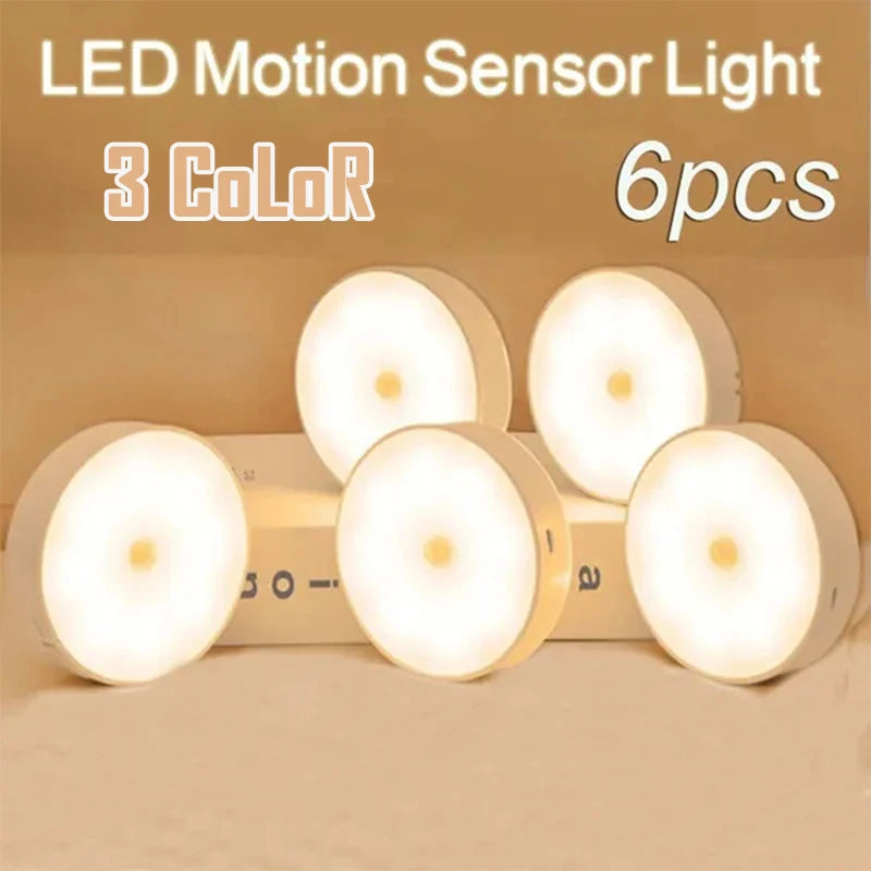 2~6 Pack Motion Sensor LED Night Light USB Rechargeable 3 Color Night Lamp Cabinet Wardrobe Lamp Staircase Wireless Closet Light