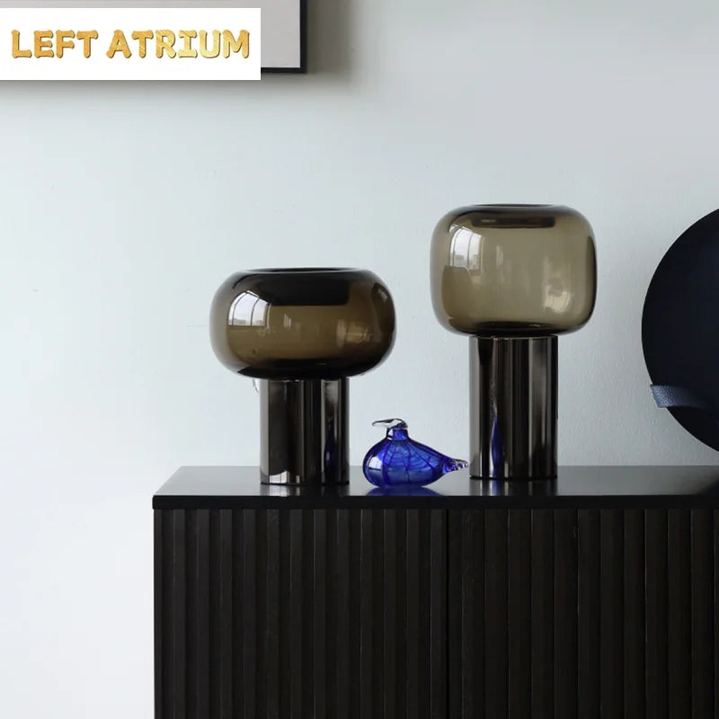 Dark Glass Vase, Iron Frame Cylindrical Base Flowerpot, Living Room Decoration, Creative Hydroponic Vase, Glass Container