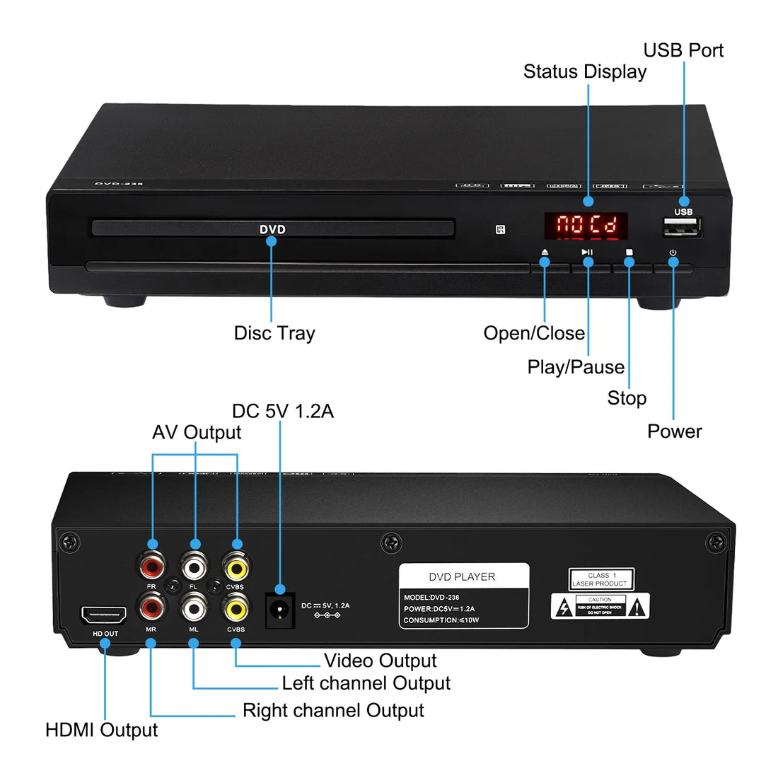 DVD Player DVD 238 1080P HD DVD Player Home Multimedia DVD Player Box For TV DVD CD Players Home Theater Systems HDMI-Compatible