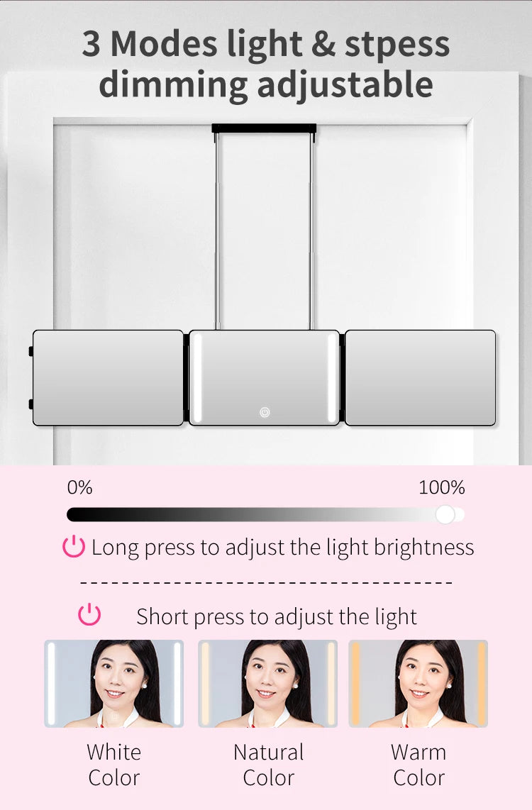 3 Way Haircut Mirror 360 Mirror with LED Lights Door-Hanging Design with Hook Perfect for Makeup Self Hair Cutting Portable Fold