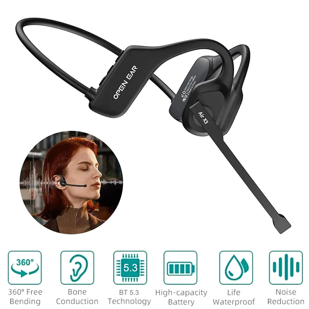 Open Ear Headset Bluetooth 5.3 Air Conduction Wireless Headphones with Noise Cancelling Mic for Office Running Cycling Driving