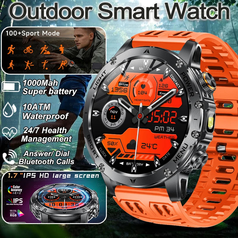 2025 New Military Smart Watch 1000Mah Battery Fitness Tracking 10ATM Waterproof Tactics Sport Flashlight call Bracelet For Men