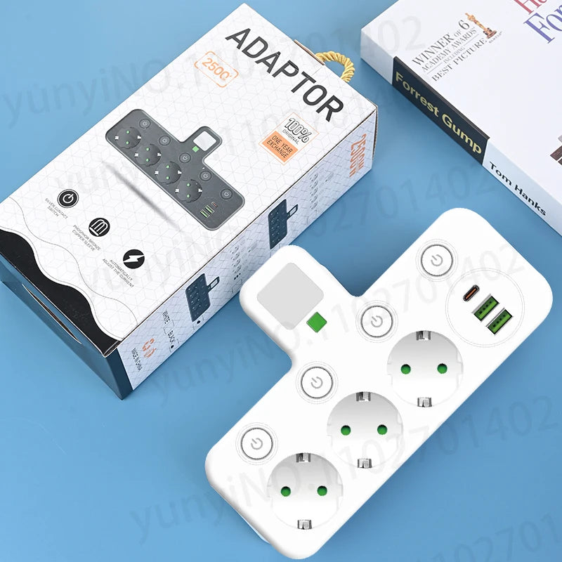 Wireless Wall Charger Socket with 3 AC Outlets +2 USB Ports+ 1 Type C 6-in-1 Plug Socket EU Plug Fast Charging power board
