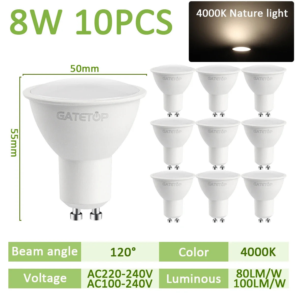 10PCS LED Spotlight Bulb GU10 AC220V 110V 8W 120/38 Degree Beam Angle High Lumen Indoor LED Energy Saving Lights Bulb