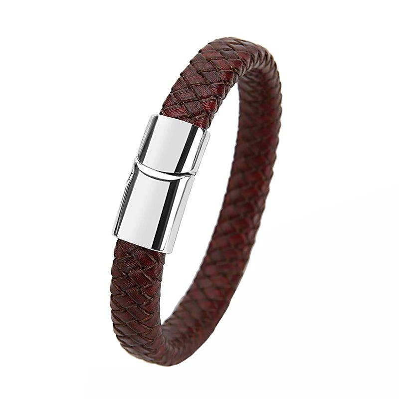 Mibrow Braided Black Leather Men Bracelet 10x5 12x6mm Size Fashion Metal Magnetic Clasp Wrap Bracelets Punk Charm Men Jewelry