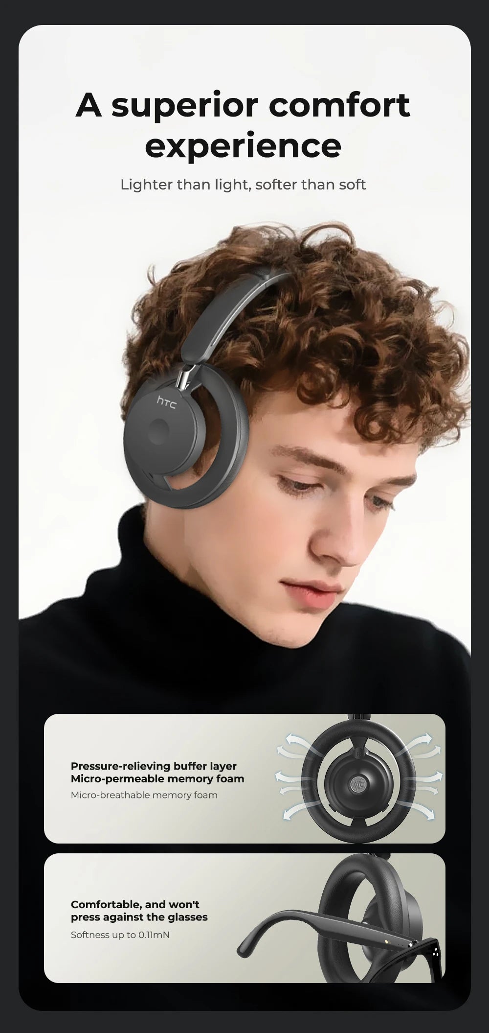 HTC HP06 Open-Ear Wireless Headphones Bluetooth V6.0 Airy Foldable AI Translate Headset for PC Laptop Phone TV Ultralight Hollow