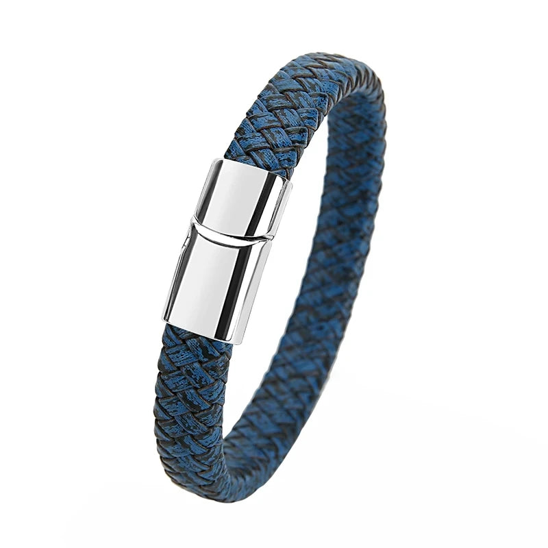 Mibrow Braided Black Leather Men Bracelet 10x5 12x6mm Size Fashion Metal Magnetic Clasp Wrap Bracelets Punk Charm Men Jewelry