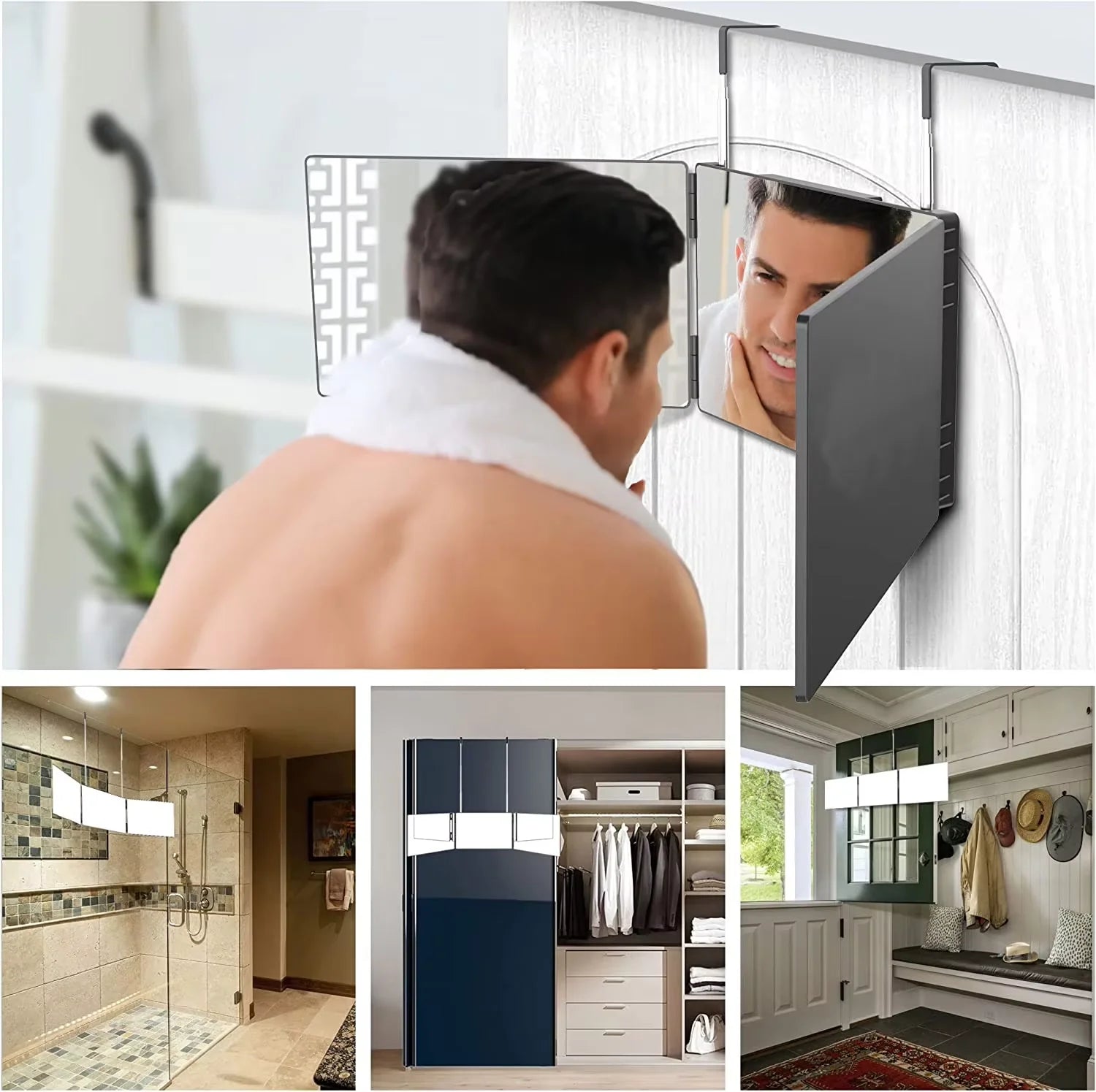 360° Viewing Makeup Mirror for Hair Cutting Travel Portable Self Haircut Mirror with Adjustable Hooks for Shaving, Hair Styling