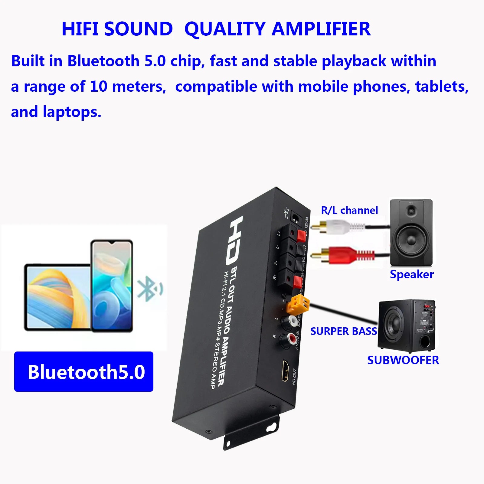Audio Power Amplifier 80Wx2 Subwoofer HI-FI 2.1CH Audio RCA AUX HDMI Amplifier Stereo Bass Sound Bass  MP3 Car Power Amp