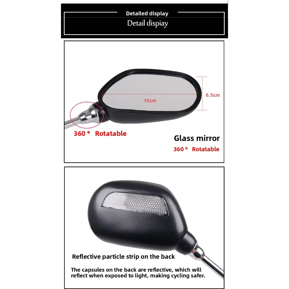 The bicycle rearview mirror can rotate 360 degrees. There is a reflector on the back of the bicycle rearview mirror.