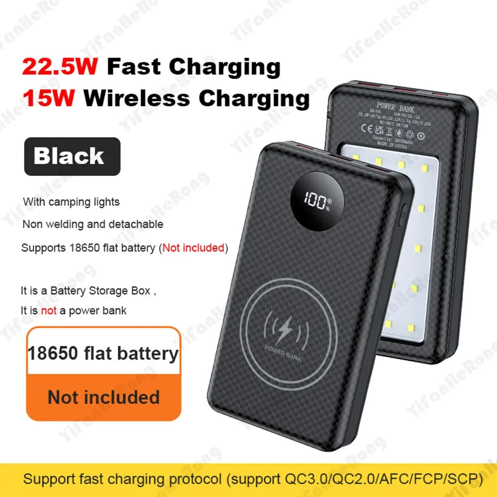 22.5W Wired +15W Wireless External Power Bank Case Battery Charge Storage Box Battery Holder 6*18650 20000mAh Power Bank Case