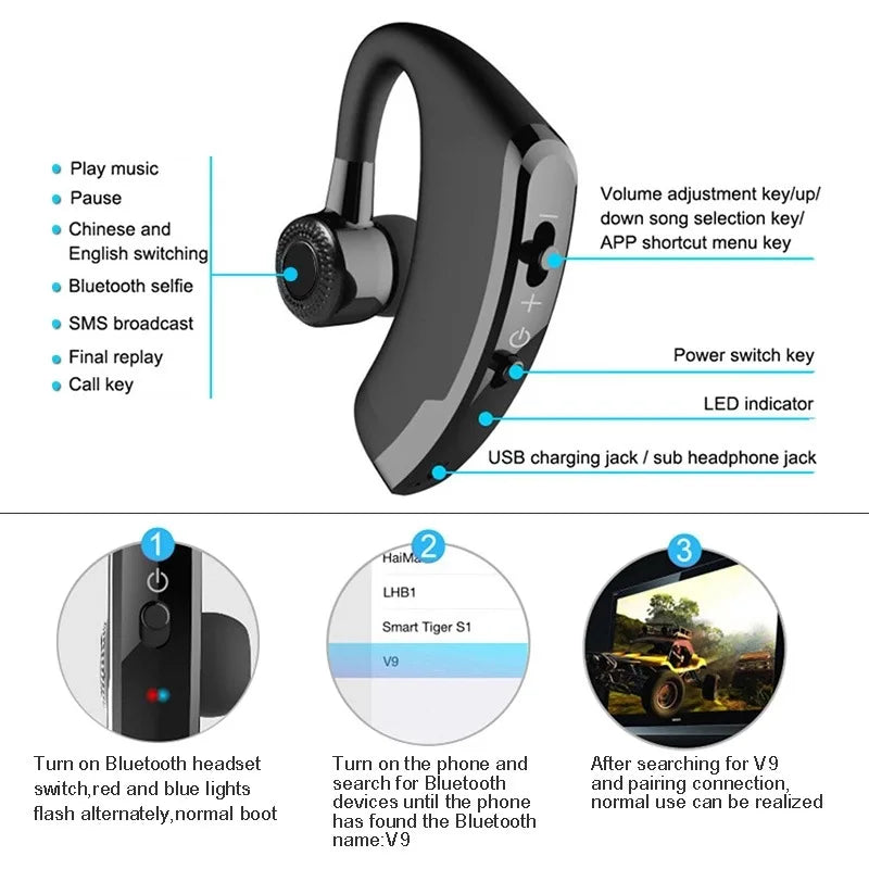 Wireless Earphones One Ear Bluetooth Headphones V9 TWS In-Ear EarHooks HiFi Mini Handsfree Car Calls Headset With Microphone