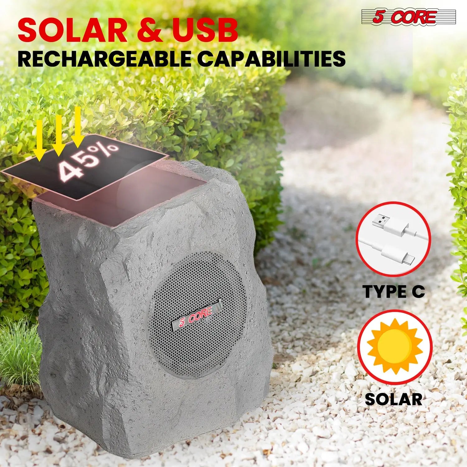 Rock Speaker Outdoor Waterproof Bluetooth Garden Speakers Solar & USB Charging RGB Colors for Patio Pool & Home