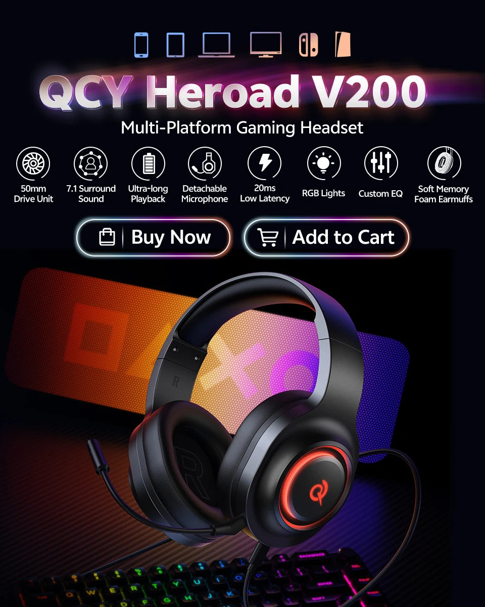 QCY Heroad V200 Gaming Headset Bluetooth 6.0 with Mic 50mm Driver 7.1 Surround Sound RGB Over Ear Headphones for PC Laptop PS4/5