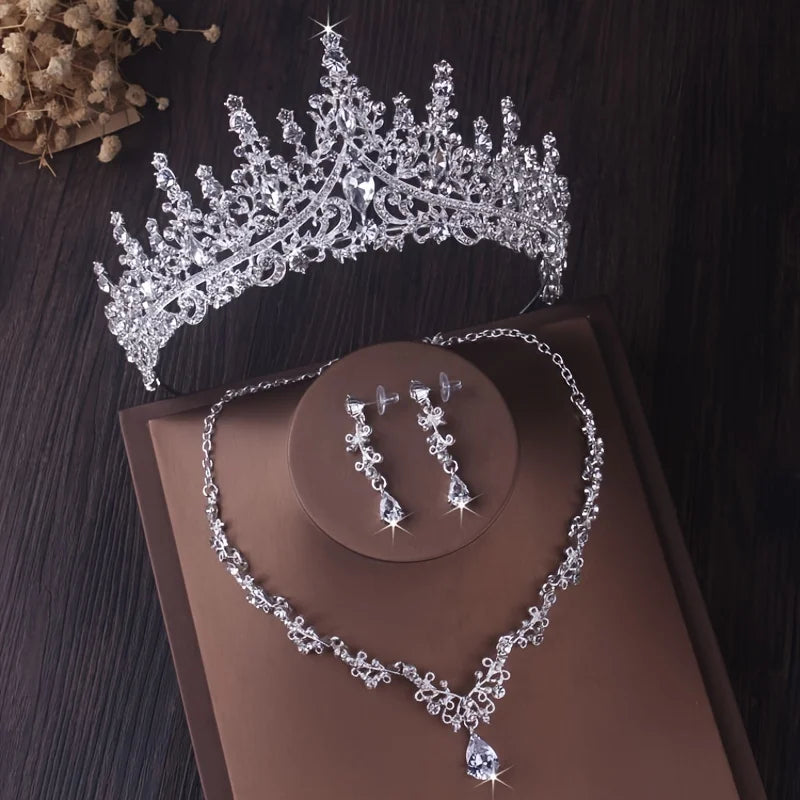 Bridal Headwear Luxury Silver-Color Crystal Water Drop Rhinestone Tiara Necklace Earrings Wedding 4 Pcs Jewelry Set