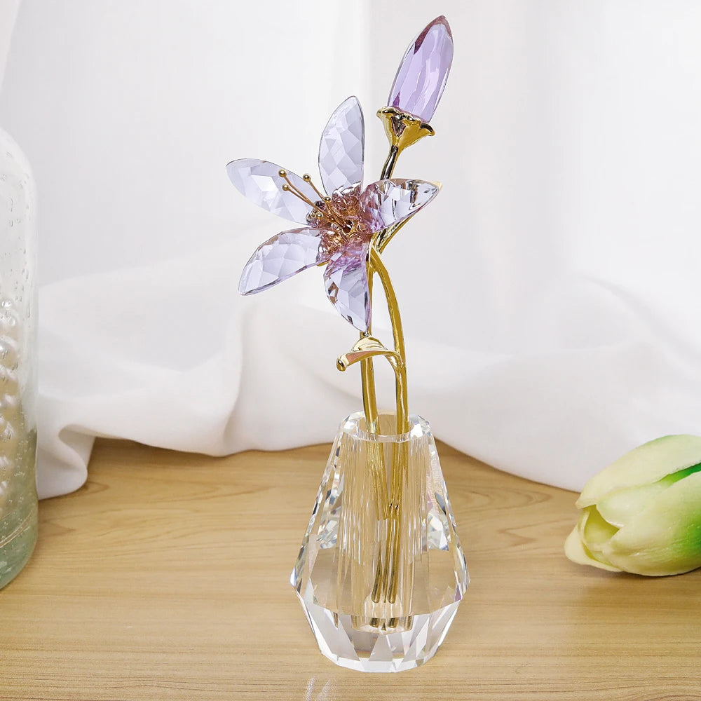 Purple Crystal Calla Lily Flower Figurines Collectible With Crystal Vase Glass Bouquet Ornament Wedding Party Decor Gift