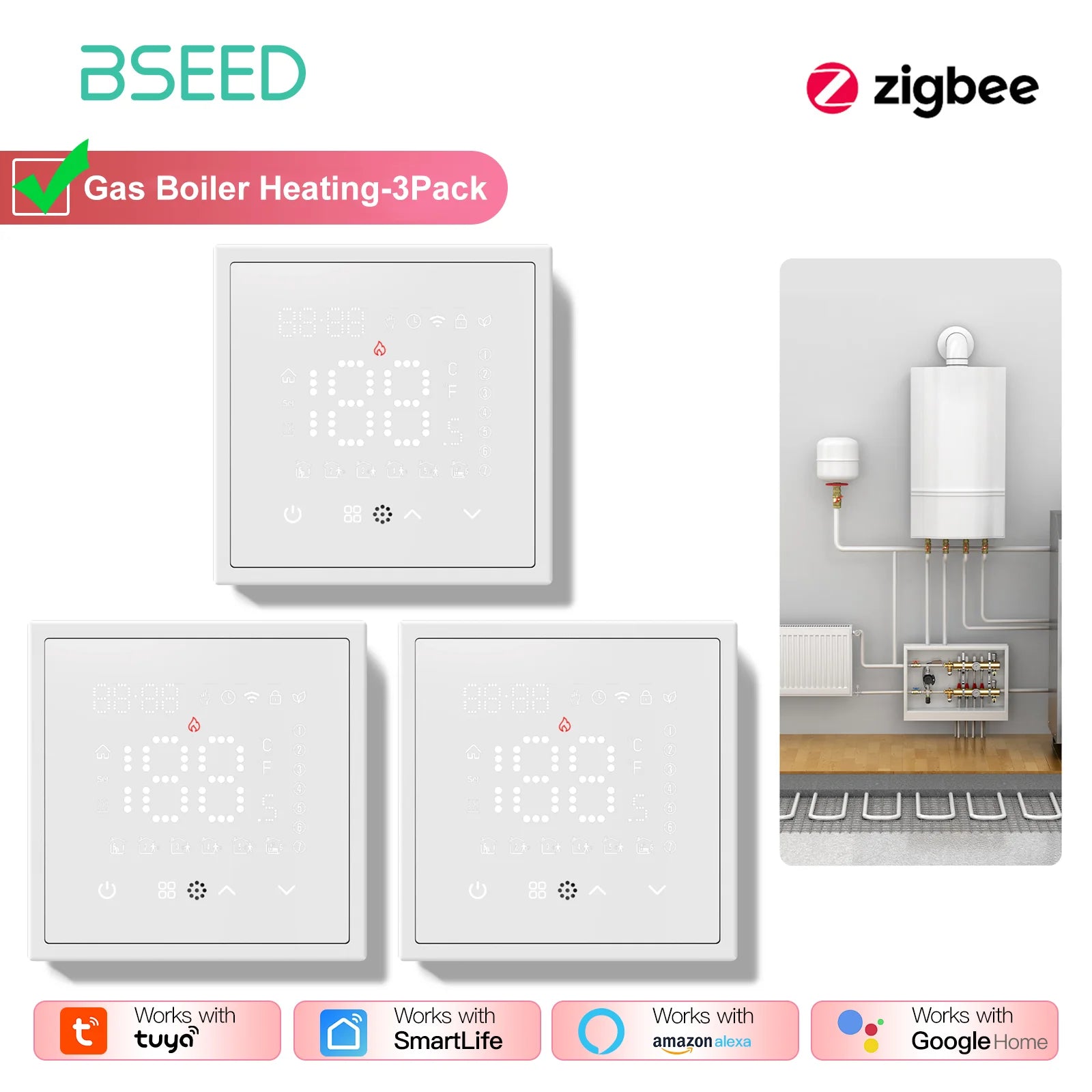 BSEED Zigbee Electric /Water/Gas Boiler Floor Heating Touch Sensor Smart Thermostats Tuya Smart Life Alexa Control Plastic Frame