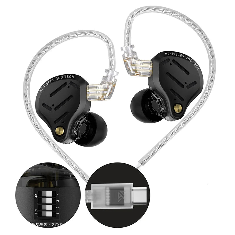 KZ Pisces 2DD Dynamic Drive Earphones Adjustable Earbuds HIFI In Ear Wired Gaming Earphones 2PIN 3.5MM Type-c Plug Cable