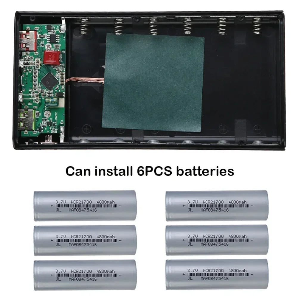 Battery Charger Box Power Bank Holder DIY Shell Case Dual USB 6x21700 With LED Light 21700 Battery Shell Storage Organize