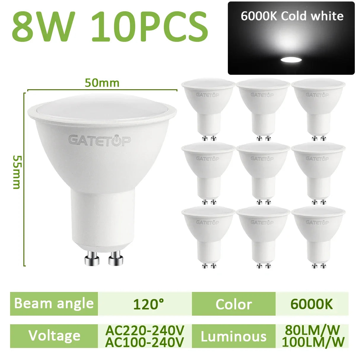 10PCS LED Spotlight Bulb GU10 AC220V 110V 8W 120/38 Degree Beam Angle High Lumen Indoor LED Energy Saving Lights Bulb
