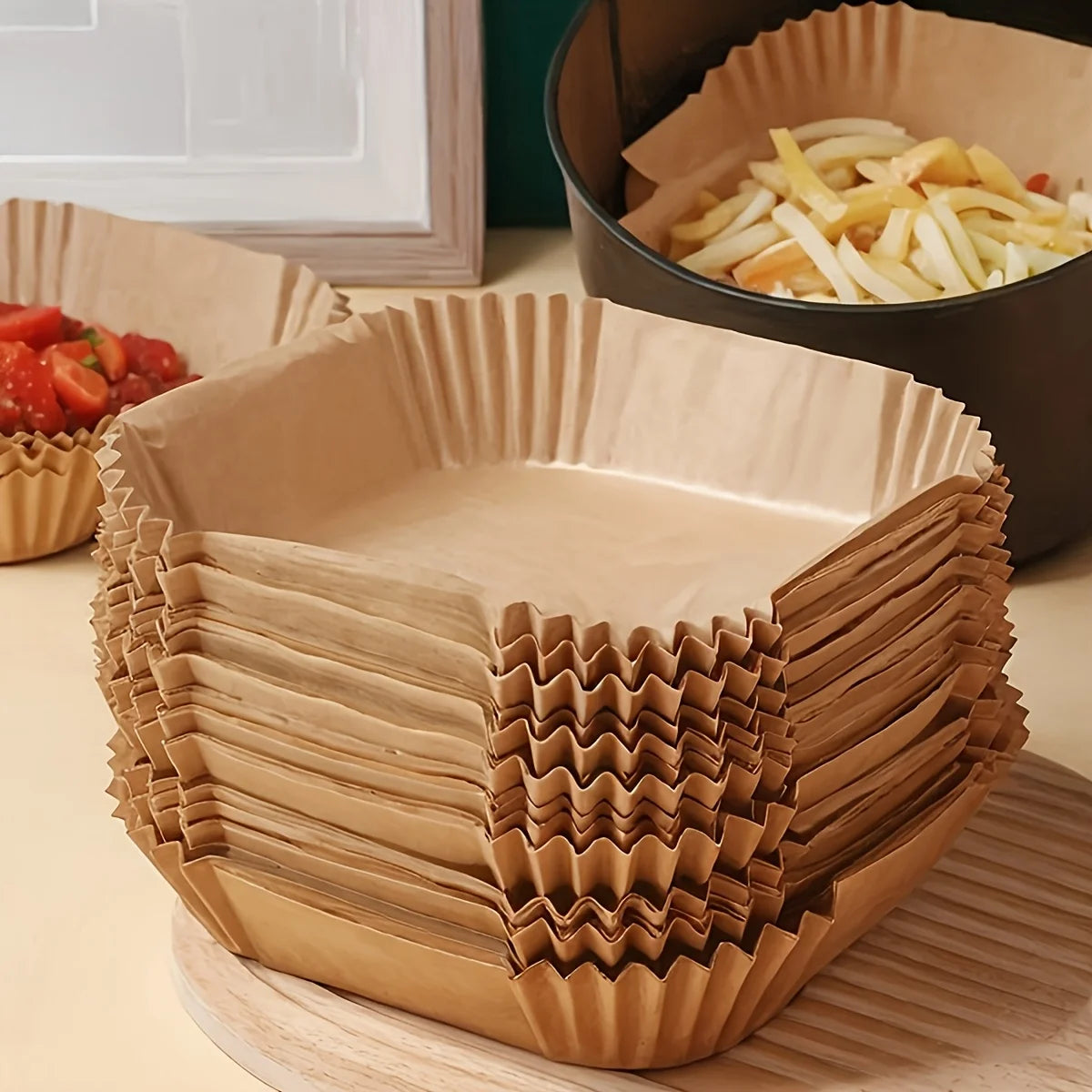 100 non-stick air fryer liners - high-quality single-layer paper with grooved edges, ensuring safe cooking, easy cleaning