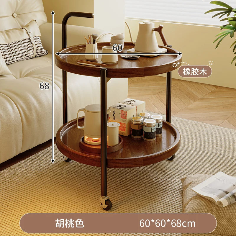 Solid Wood Rolling Cart Table Movable Side Wheels Compact Wooden Tea Trolley Living Room Portable Coffee Bedroom Bedside Storage