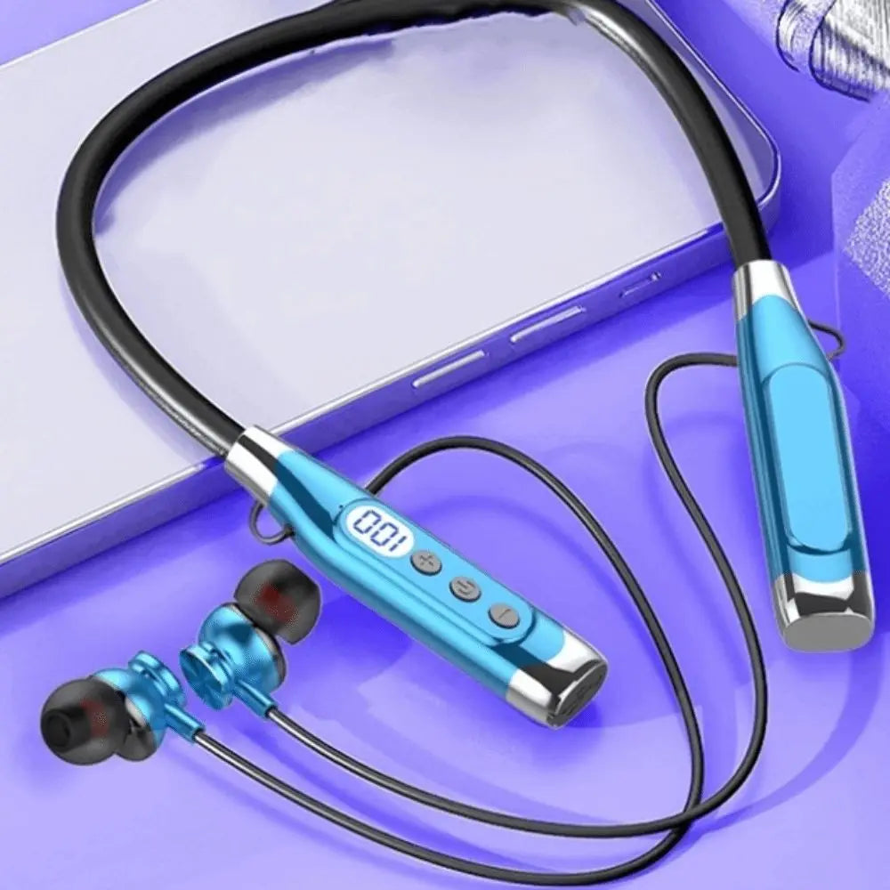 LED Digital Display Neckband Headphones Waterptoof 3D Stereo Wireless Bluetooth Earphones Mega Bass Neck-mounted Sports Headsets