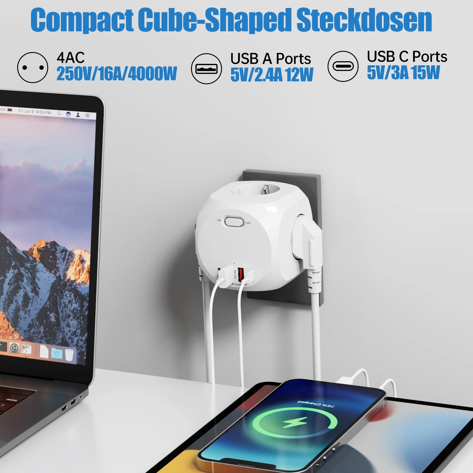 Eu plug multi-functional wall socket 4AC+4USB smart fast charging with multiple safety protections, suitable for family travel