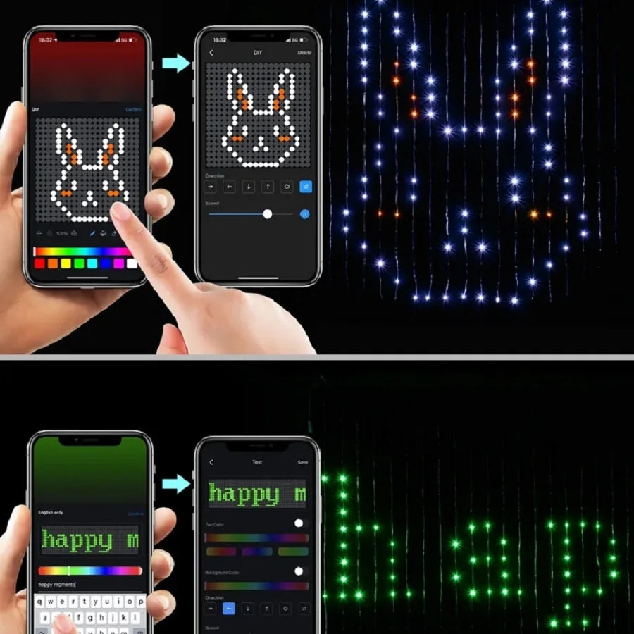 2m*2m/3m Smart Curtain Lights Bluetooth App LED String RGB Fairy Lights DIY Music Change Display for Window Bedroom Decoration