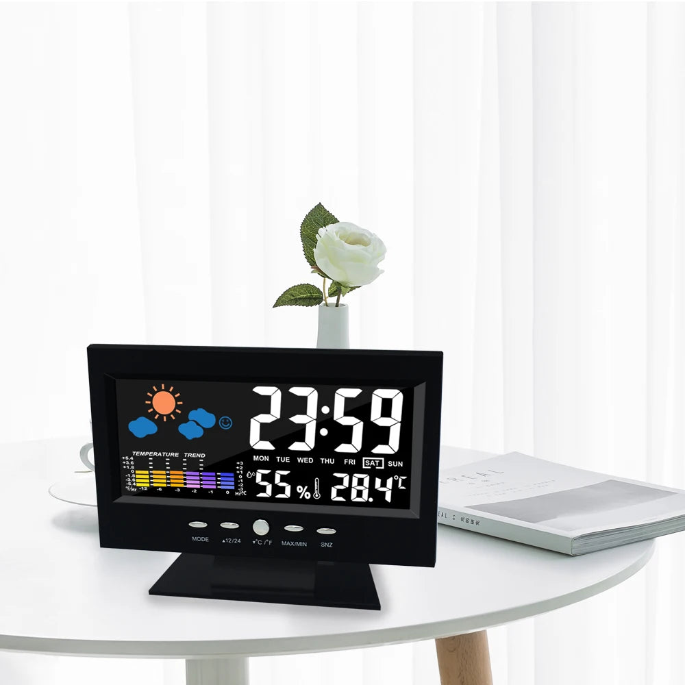 Voice Control Backlight Digital Weather Clock Date Week Temperature Humidity Weather Forecast 12/24H Electronic Clock