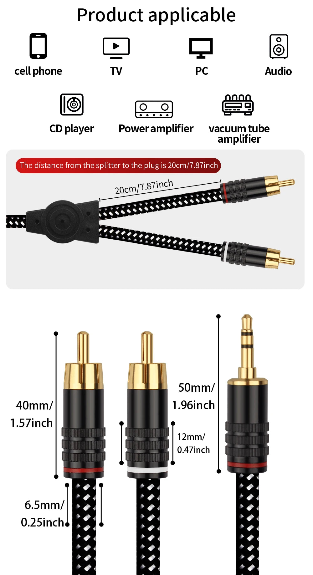 YYAUDIO HIFI 6N OFC Conduct 3.5mm to 2RCA Audio Cable Gold plated Plug 3.5mm Jack for Speaker Decoder Amplifiers