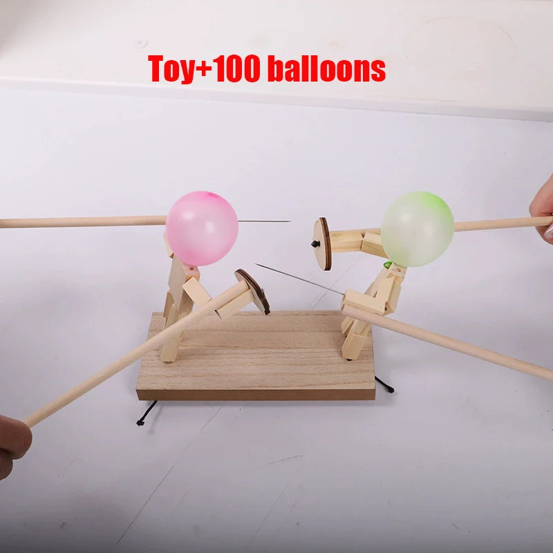 Handmade Wooden Balloon Battle Game for Two Players Fast-Paced Bamboo Man Fencing Puppets Wooden Bots Battle Game