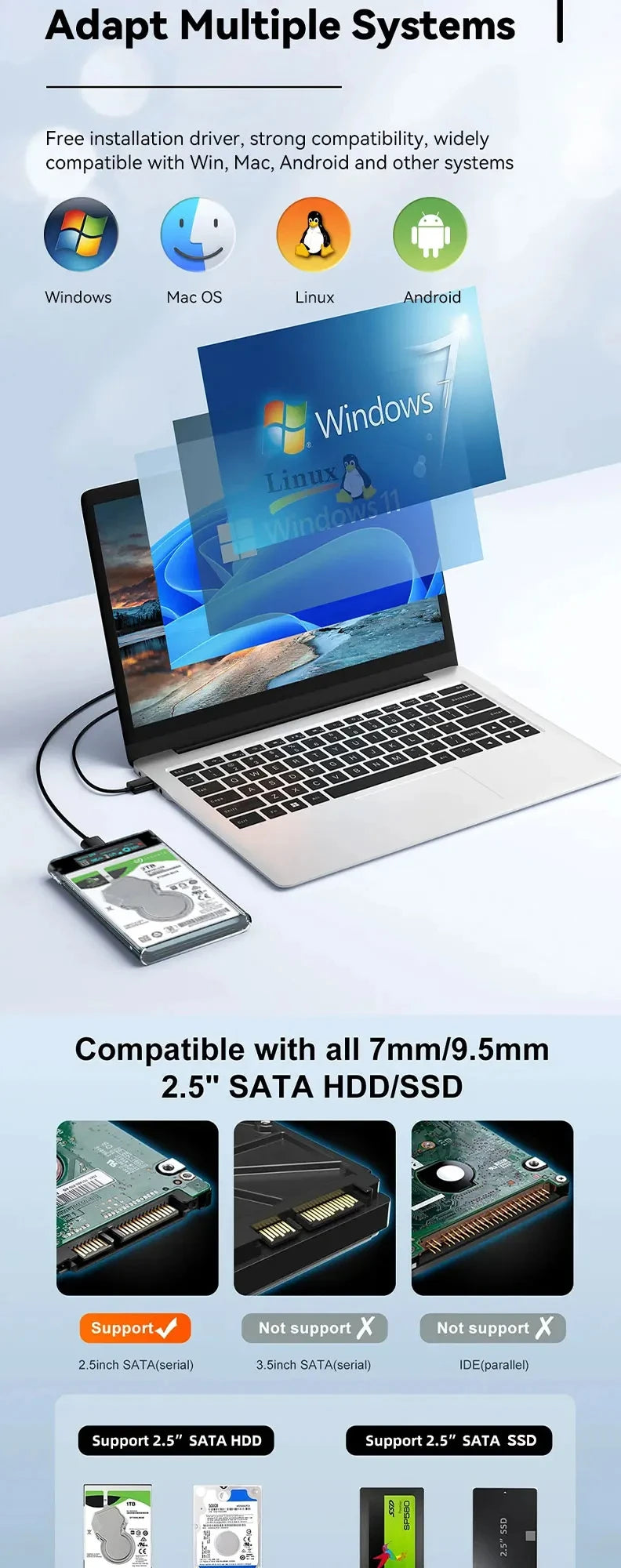 Smart Display HDD Case 2.5 Inch Transparent HDD Enclosure SATA to USB 3.0 External Shell SATA HDD SSD Storage Case for Laptop PC
