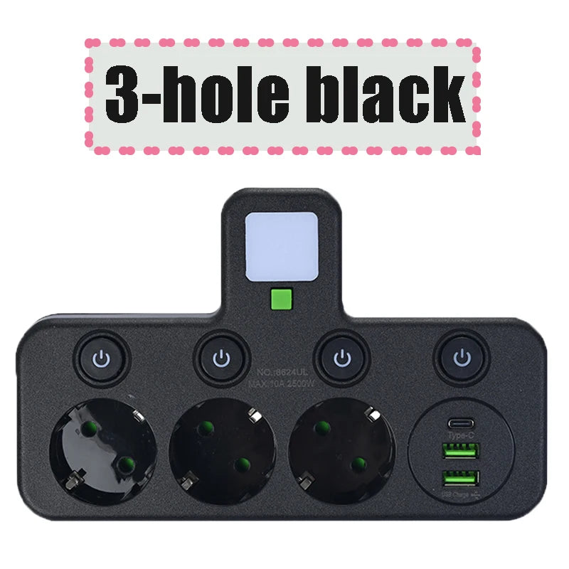 Wireless Wall Charger Socket with 3 AC Outlets +2 USB Ports+ 1 Type C 6-in-1 Plug Socket EU Plug Fast Charging power board