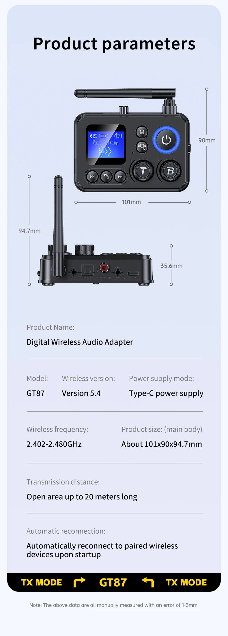 Bluetooth 5.4 Audio Transmitter Receive Support AUX/COAXIAL/SPDIF/TF/U disk with LCD Display for Home Stereo TV Speakers PC