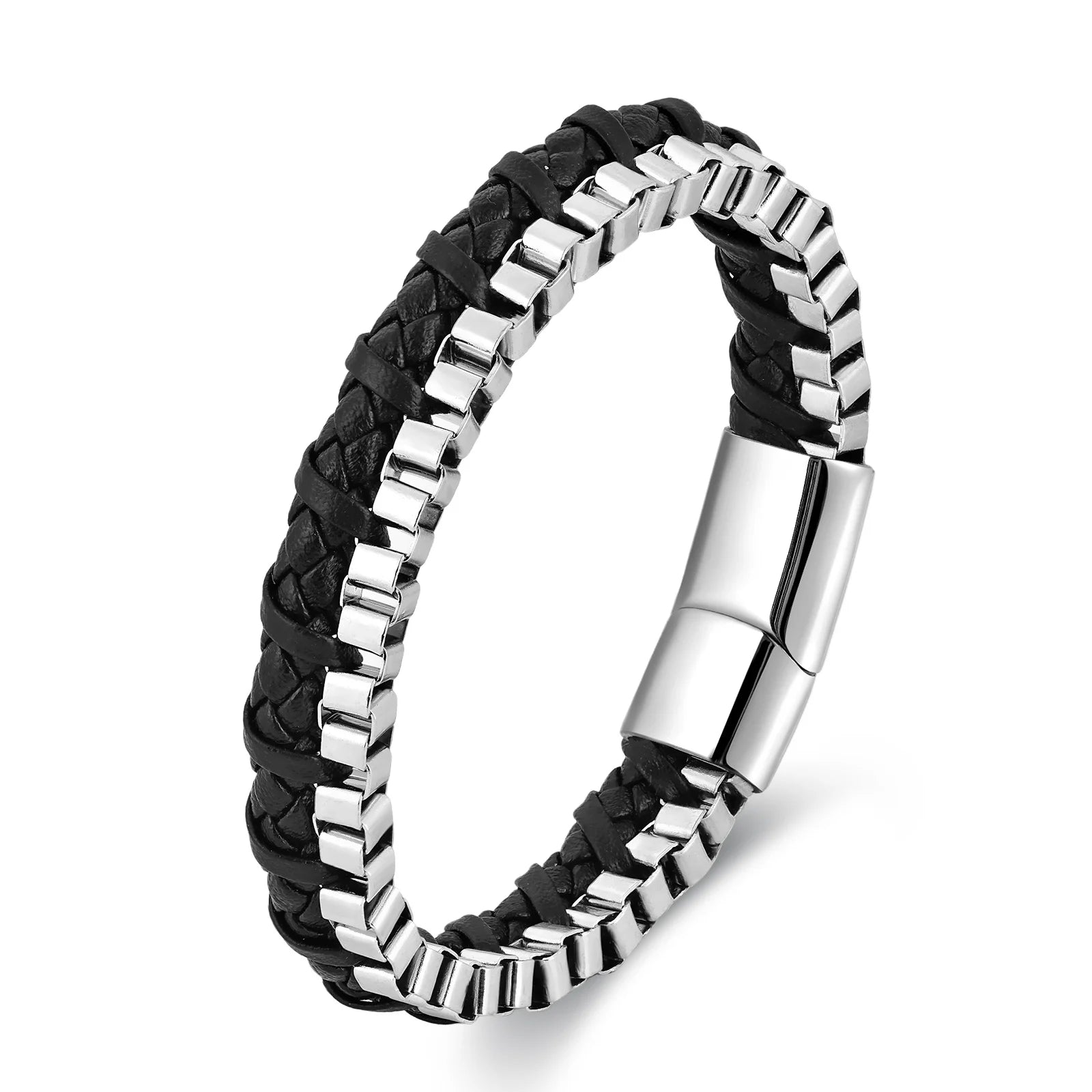 Classic Stainless Steel Leather Bracelet For Mens Chain Wristband Business Charm Jewelry Accessories for Dad Boyfriend