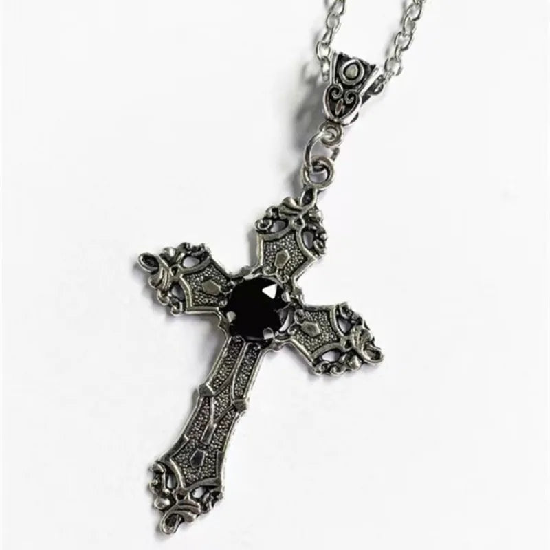 Y2K Punk Crystal Big Cross Pendant Necklaces for Women Men Gothic Irregular Cross Clavicle Chain Necklaces Aesthetic Jewelry