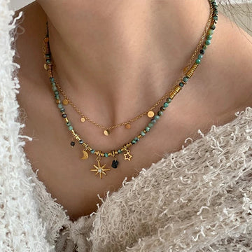 ZAKOL Vintage Bohemian Style Stone Beads Necklace for Women Charm Mang Star Pendant Stacked Clavicle Chain Fashion Jewelry Gifts