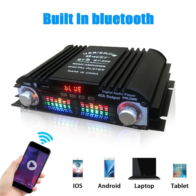 12V/220V Mini Bluetooth HiFi Power Amplifiers Stereo Car Home Audio Digital Sound Amplifier LCD Display FM SD USB Bass