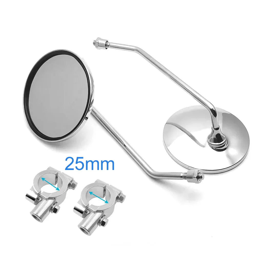 A Pair Chrome Motorcycle Scooter Mirrors Universal Motorbike Rear View Mirror 8mm 22mm 25mm handlebar Round Oval Convex Mirrors